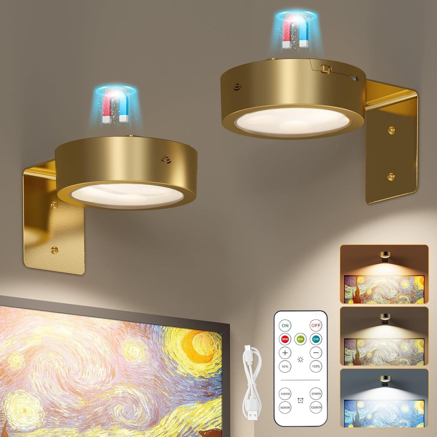 Brightown 2-Pack Picture Lights for Wall,Rechargeable Battery Operated Painting Light Magnetic Art Display Light with Remote, Puck Lights, Dimmable & Timer Art Lighting for Paintings Wireless,Gold