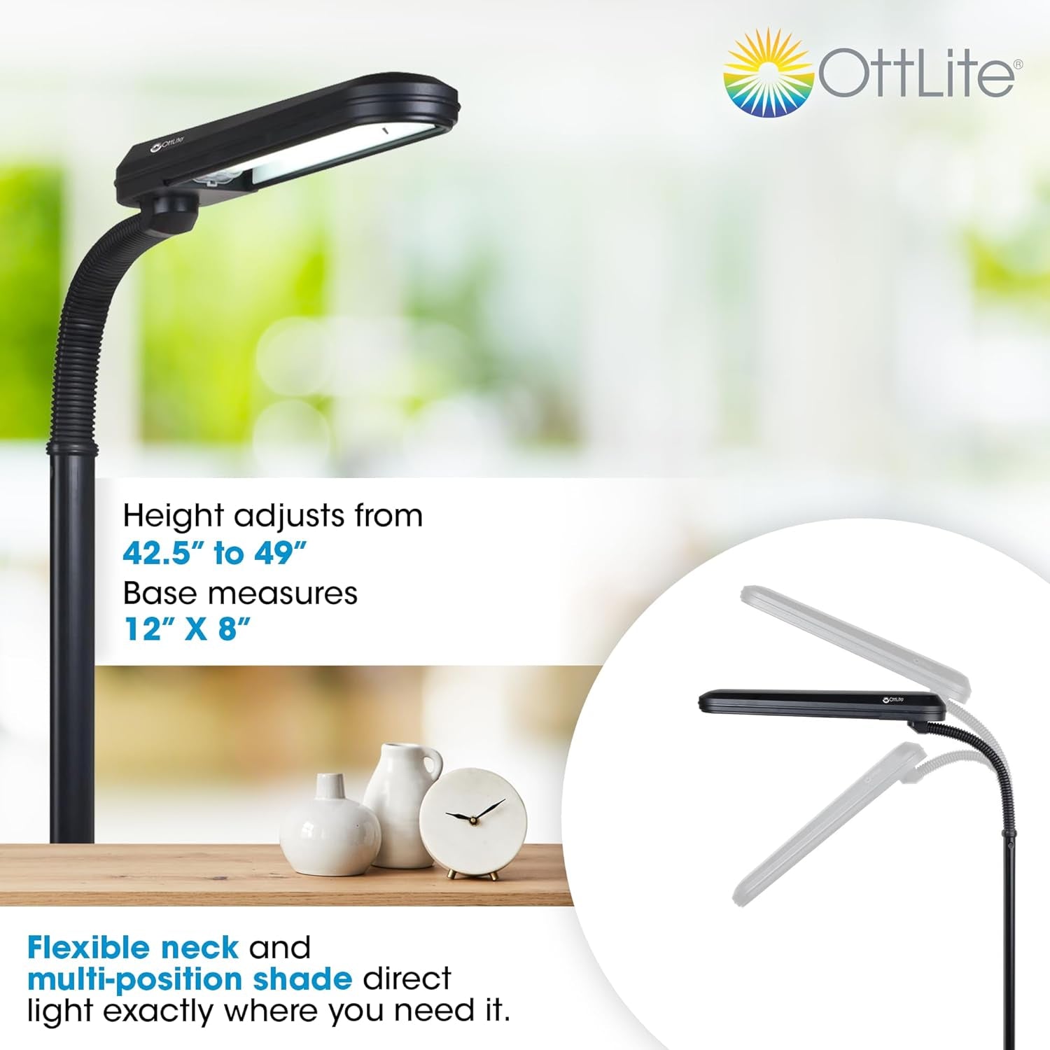 Ottlite Tattoo Artist Standing Floor Lamp with Adjustable Neck - 24W Compact Fluorescent Lamp for Bright Natural Daylight - Multiuse Design Is Perfect for Illuminating Tattooing Work Areas