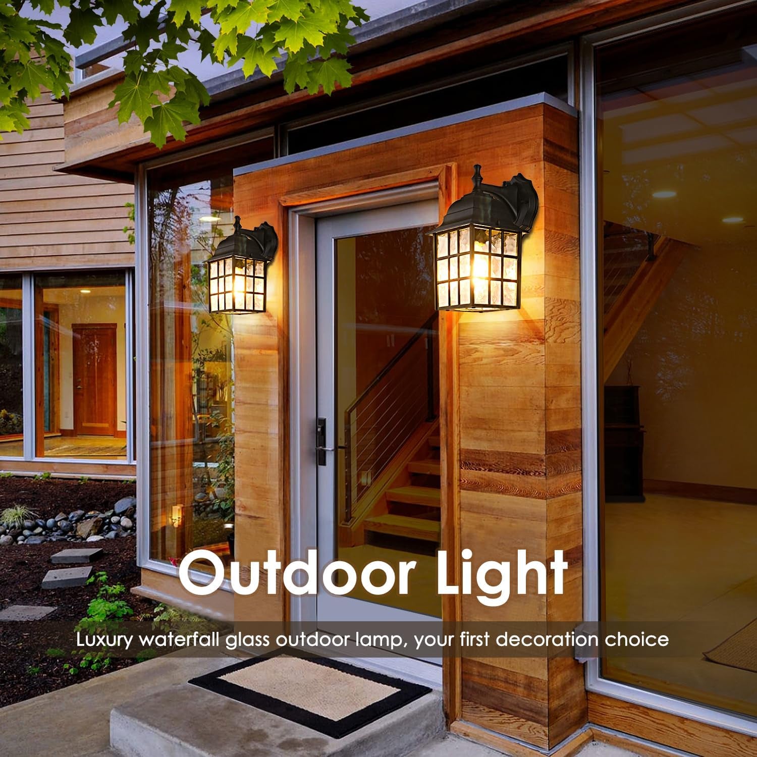 Brightever 2-Pack Dusk to Dawn Outdoor Wall Lantern, Exterior Light Fixtures Wall Mount with Photocell Sensor, Black Wall Light Waterproof, Waterfall Glass outside Wall Sconce for Porch House Garage