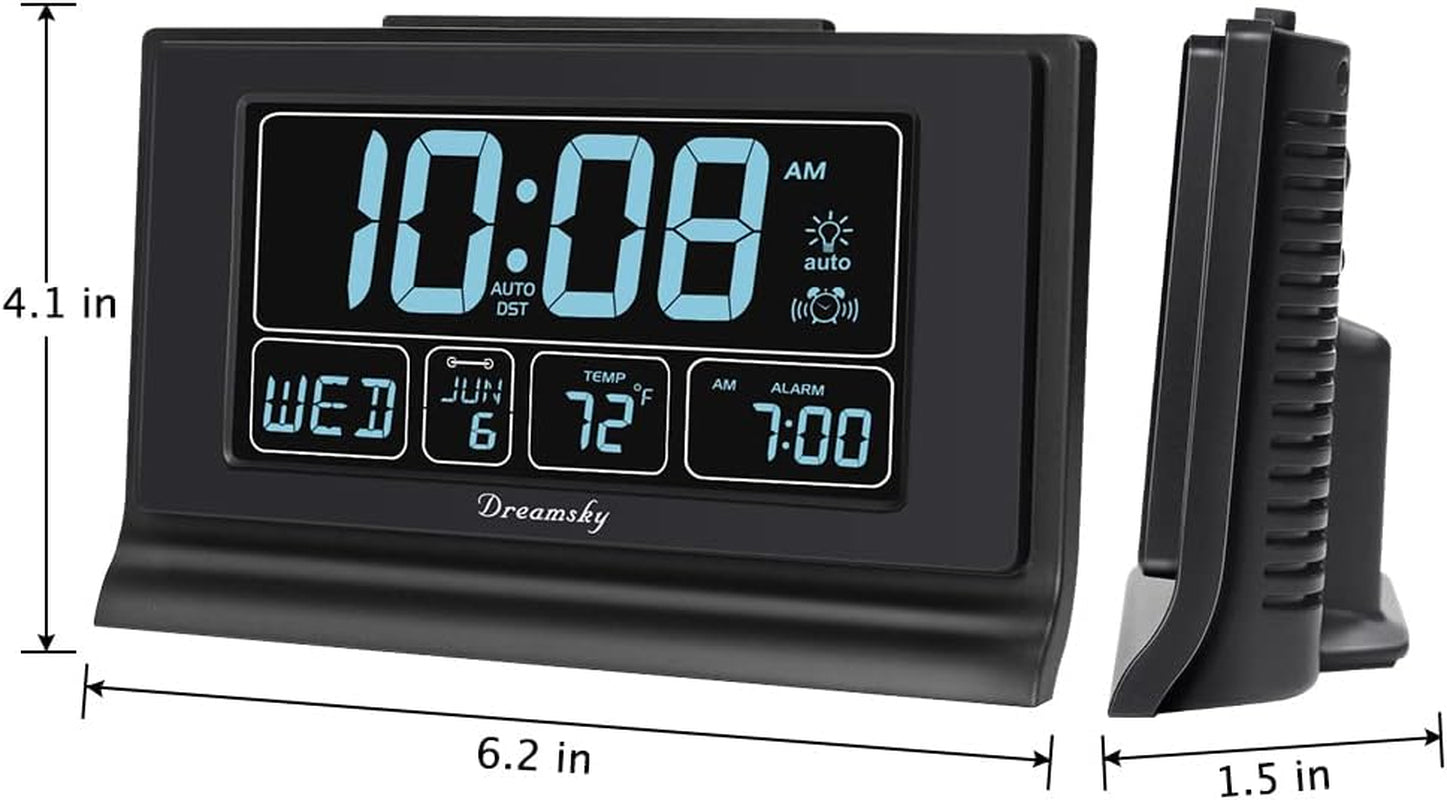 Dreamsky Alarm Clocks for Bedrooms with Battery Backup, Auto Set Digital Clock with Date and Day of Week, Temperature, USB Port, Auto DST, Dimmer, 12/24H