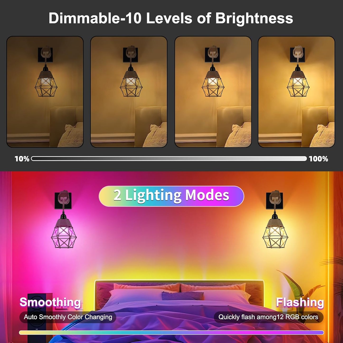 Frideko Boho Rechargeable Wall Sconces Set of Two with Remote, RGB 15 Colors Dimmable Battery Operated Wall Light, Indoor Wireless Wall Lamp with 3 Timer, Farmhouse Rattan Wall Lighting for Bedroom