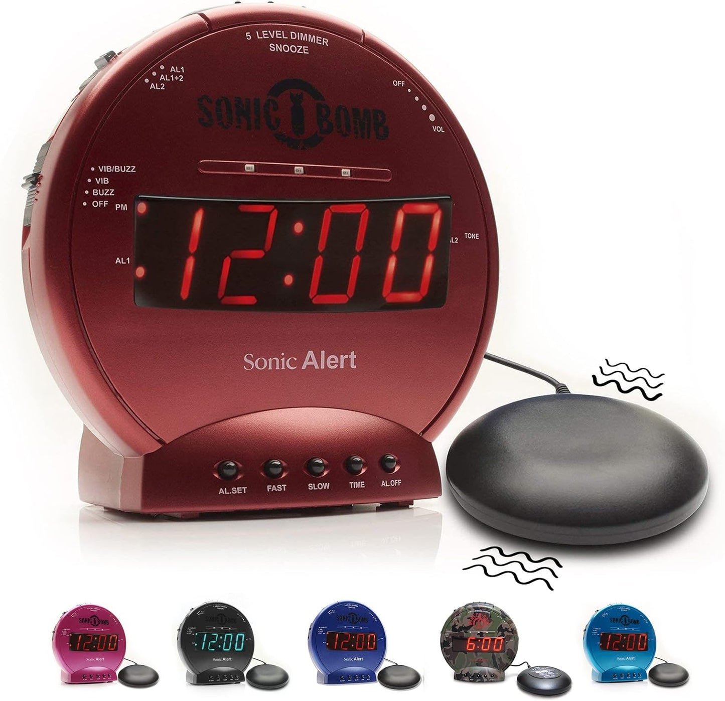 Sonic Bomb Dual Extra Loud Alarm Clock with Bed Shaker, Black | Sonic Alert Vibrating, Heavy Sleepers, Battery Backup | Wake with a Shake
