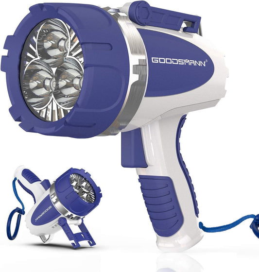GOODSMANN Rechargeable Handheld Spotlight LED Boat Waterproof Spot Light Searchlight 3000 Lumen Portable Marine Flashlight with USB Adapter Car Charger Dust Bag for Hunting Camping Exploring