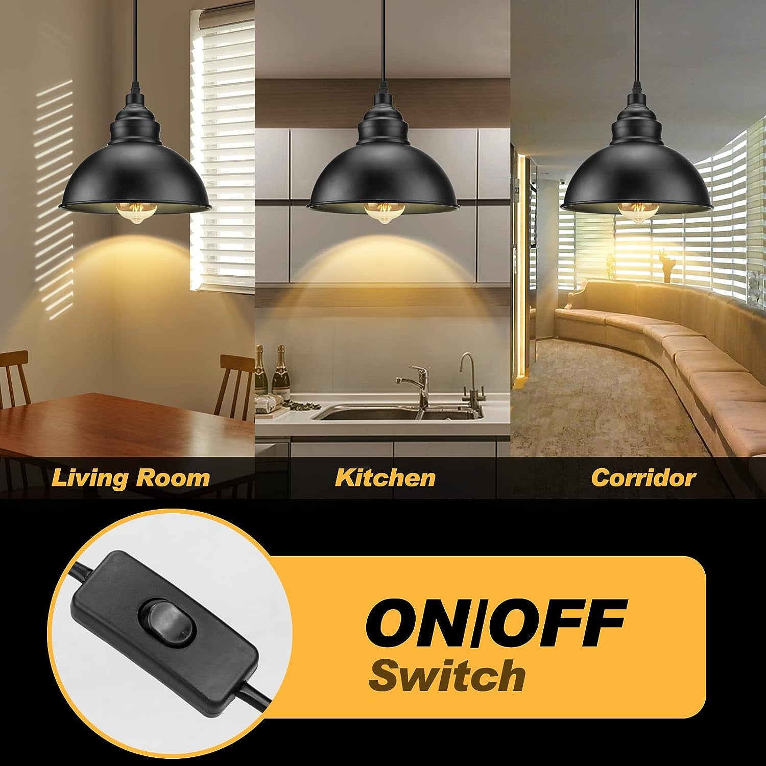 Plug in Pendant Light, 15FT Hanging Lights with Plug in Cord, On/Off Switch, Industrial Pendant Light with Plug in Cord, Metal Hanging Lamps for Living Room, Kitchen, Dining Room, Bedroom