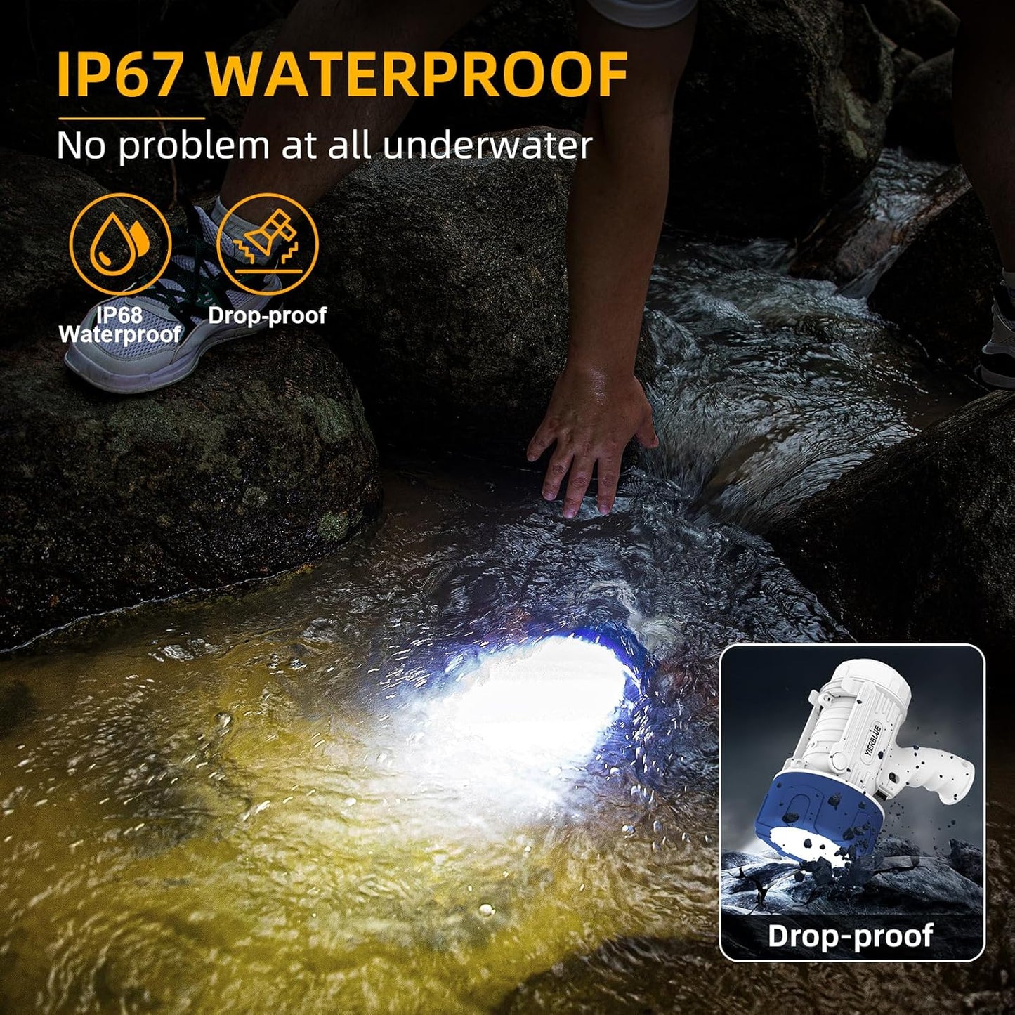 YIERBLUE Rechargeable Spotlight Floodlight Combo 1000,000 Lumen LED, IP67 Waterproof Spot Light COB Flood Light, Impact Resistant Handheld Spotlight with Foldable Stand and Detachable Red Len