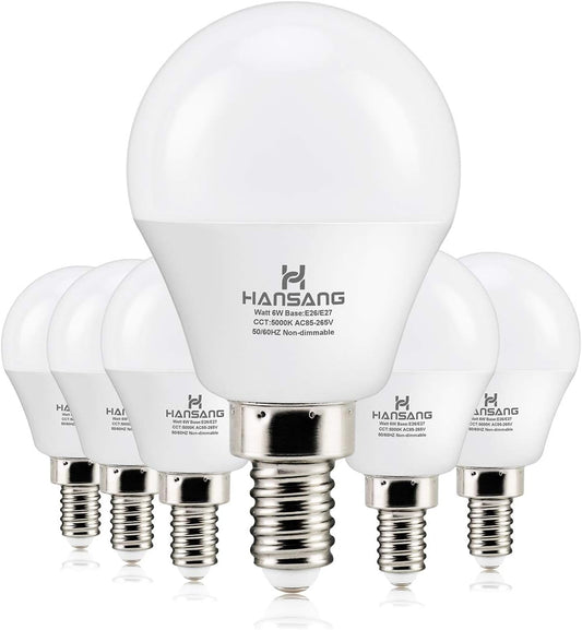 Hansang E12 LED Bulb, Daylight 5000K, 60 Watt Equivalent Ceiling Fan Light Bulbs, E12 Small Base Candelabra LED Light Bulbs, 600 Lumen CRI 85+ Eye Protection, Non-Dimmable 120V (85-265V Range) 6 Pack