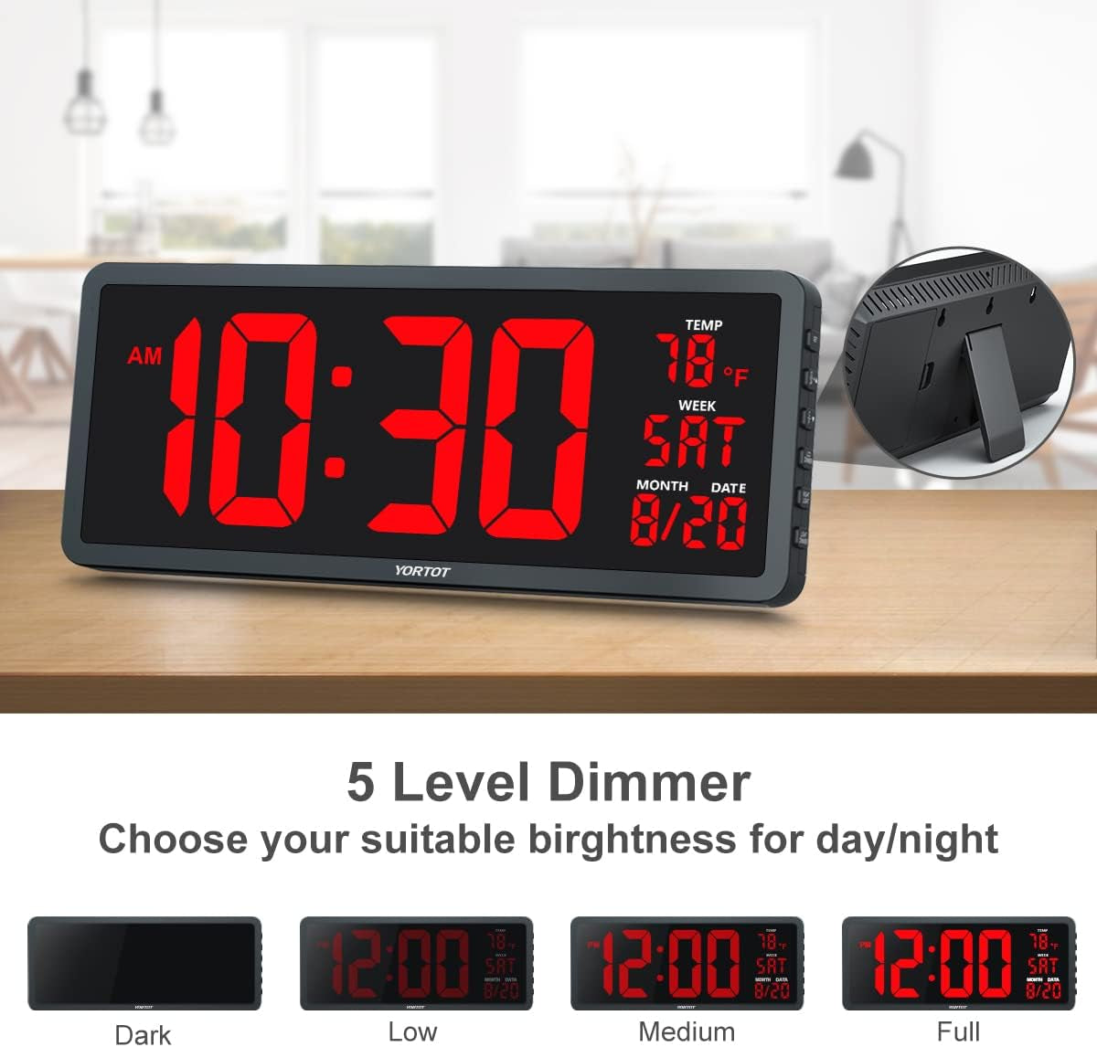 YORTOT 16” Large Digital Wall Clock with Remote Control - Adjustable Dimmer, 7 Color Night Lights, Big LED Clock with Indoor Temperature, Date, Auto DST, 12/24Hour, Wall Mount/Foldable Stand