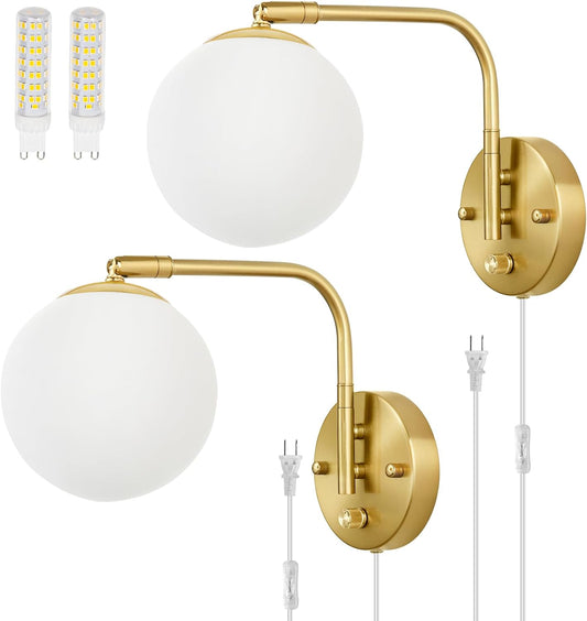 Dimmable Wall Sconces Plug In, Swing Arm Wall Lights with Plug in Cord and Dimmer On/Off Knob Switch, Dimmable Wall Light with Milky White Glass Globe Shade(2 Bulbs Included)
