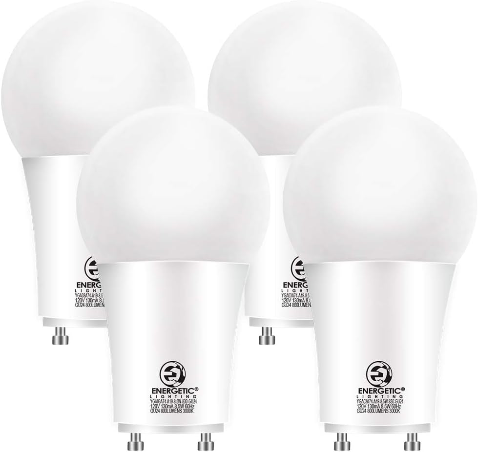 Energetic LED GU24 Light Bulbs, A19 Shape, 60 Watt Equivalent (8.5W), 2700K Soft White, 800 Lumens, Non-Dimmable, 2 Prong Twist and Lock Base, UL Listed, 4 Pack