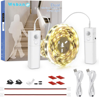WOBANE Motion Sensor Stair Strip Lights,Rechargeable Motion Activated Closet Light,Battery Powered LED Strip,60 Leds Homelife Bar for Bed,Pantry,Counter,Night Light,Cabinet,6000K White,6.56Ft,2Pcs