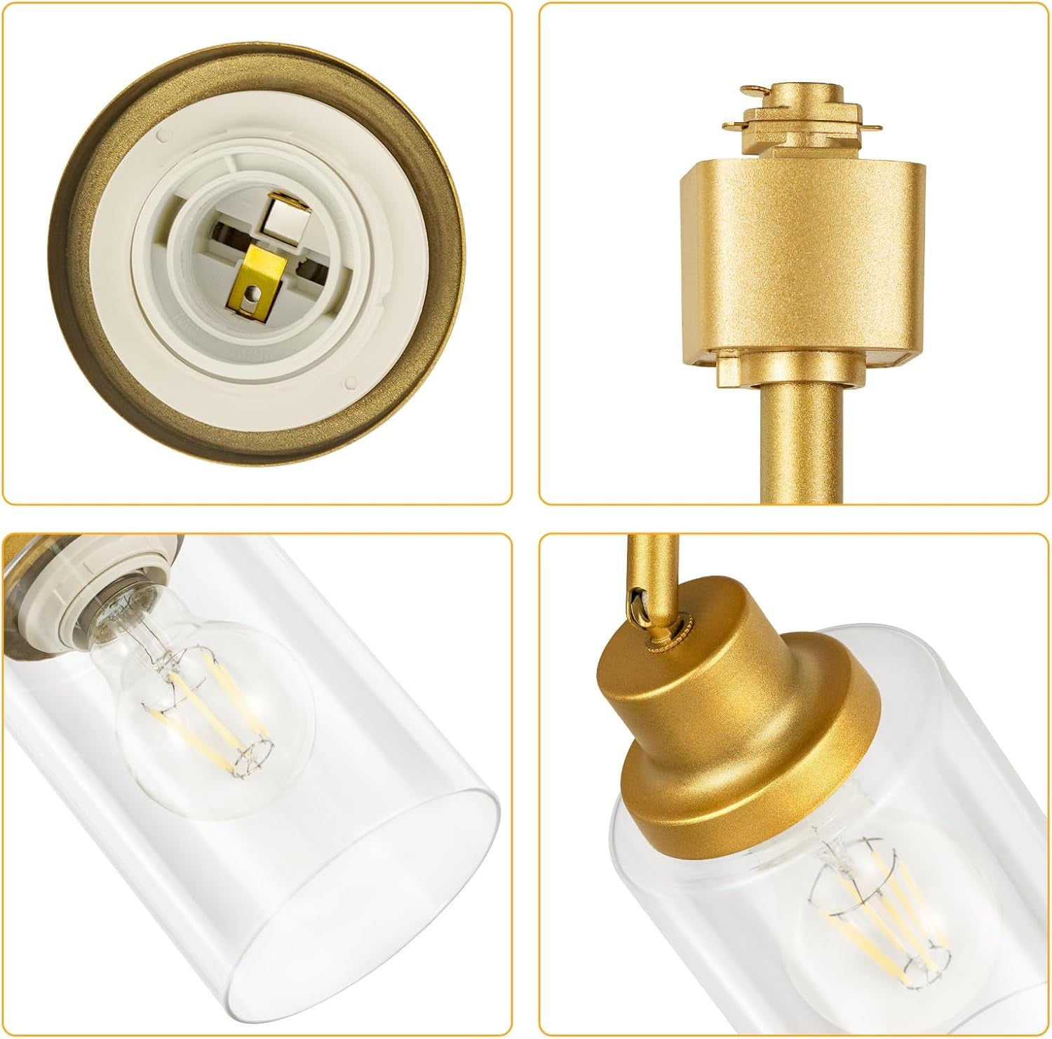 Vanoopee H Type Track Lighting Heads E26 Track Light Ceiling Modern for Kitchen, Compatible with H Track Lighting Rail System, Gold Track Lighting Fixtures with Glass Lamp Shade, 4 Pack, No Bulbs