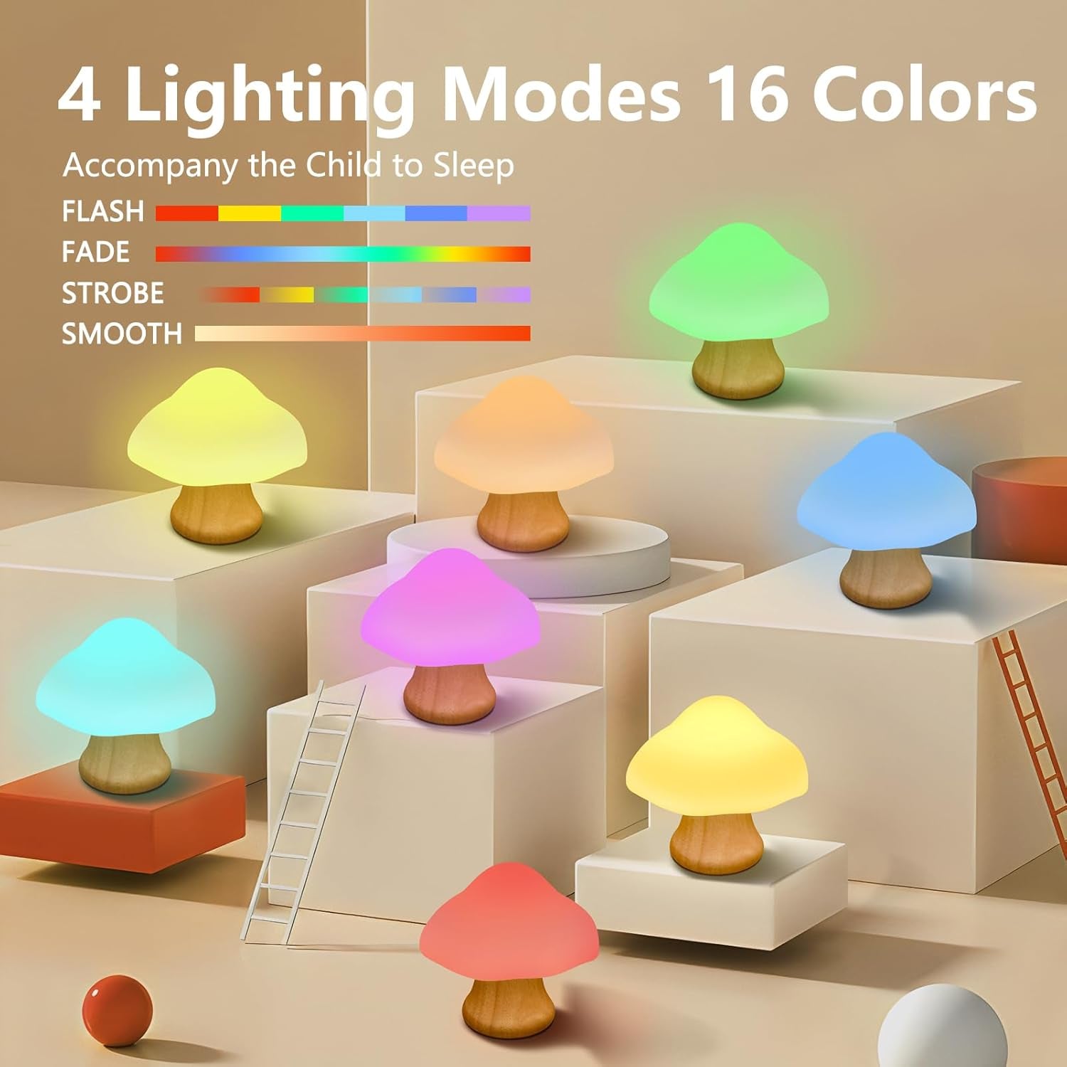 ANGTUO Wooden Mushroom Lamp, 16 Color Changing Mushroom Night Light, Adorable Mushroom Light with Two Remote Controls