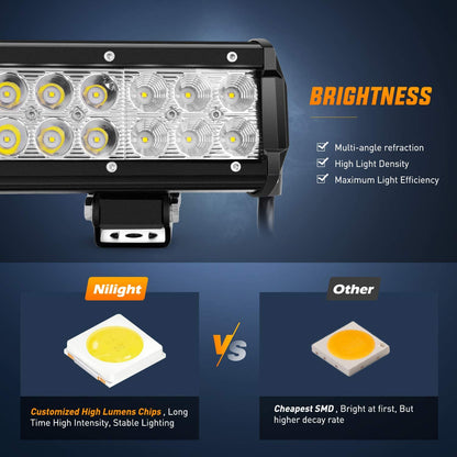 Nilight Led Light Bar 12 Inch 72W Spot Flood Combo off Road Fog Lights Driving LED Pods with off Road 16AWG Wiring Harness Kit - 1 Lead for Truck ATV UTV SUV Boat, 2 Years Warranty