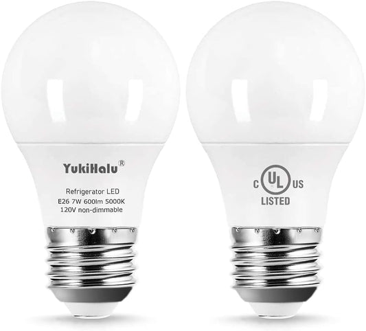 Yukihalu LED Refrigerator Light Bulb 60W Equivalent A15 Appliance Fridge Bulbs, Waterproof 600 Lumen 7W 120V Daylight 5000K E26 Medium Base, Small Size Bulb for Damp Location, Not-Dim, 2-Pack