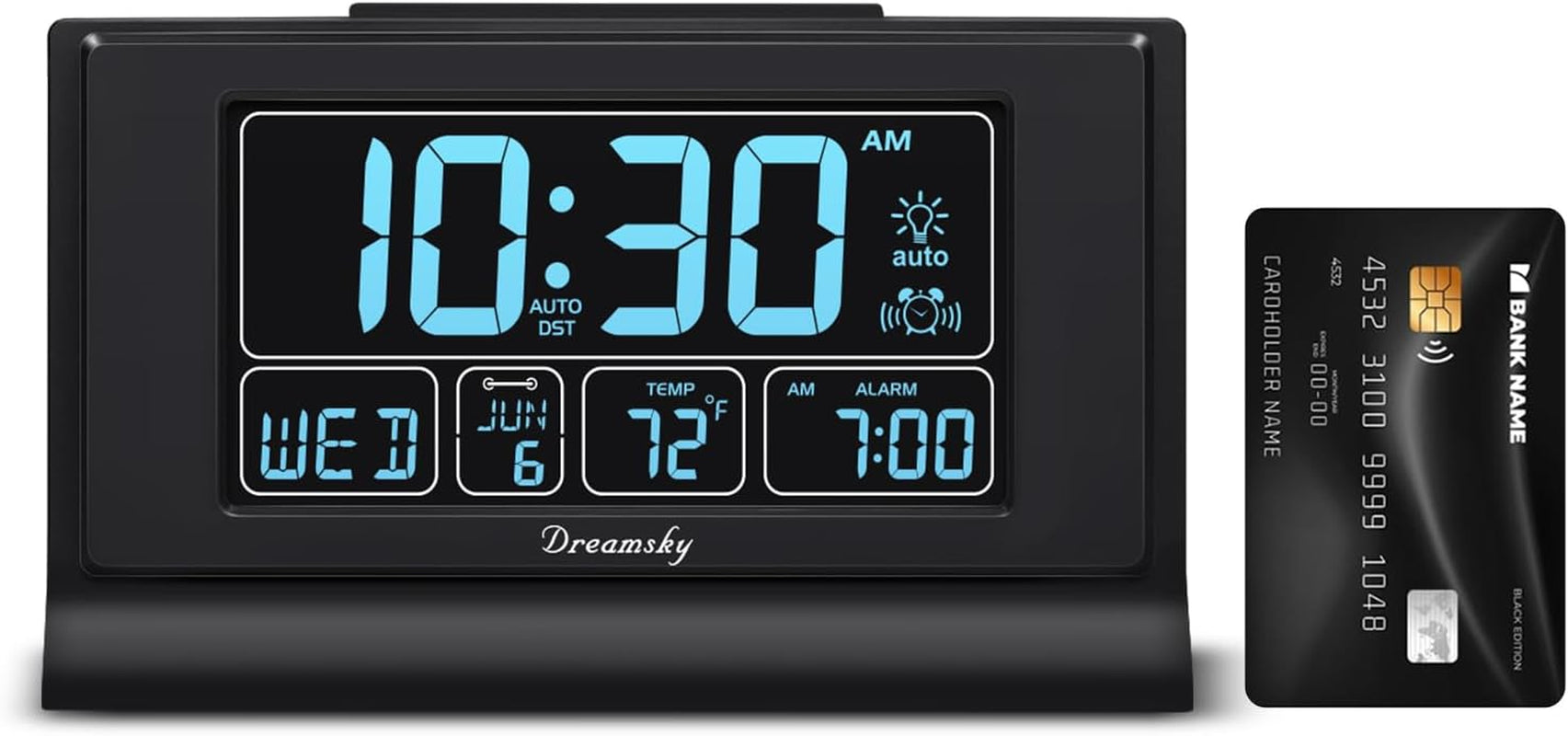 Dreamsky Alarm Clocks for Bedrooms with Battery Backup, Auto Set Digital Clock with Date and Day of Week, Temperature, USB Port, Auto DST, Dimmer, 12/24H