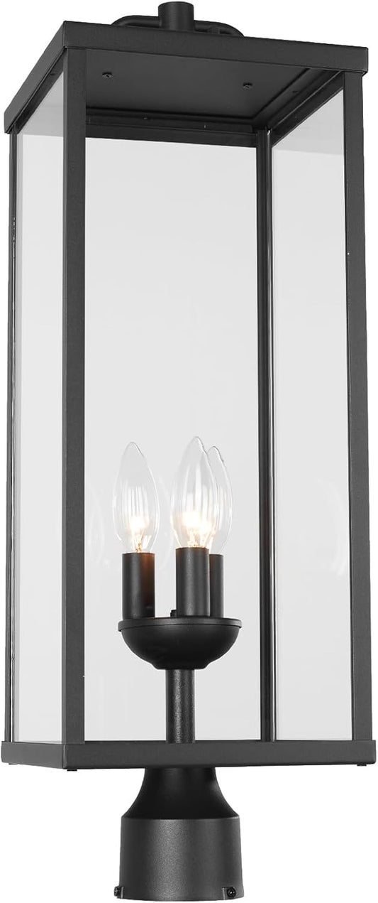 Outdoor Post Light Fixture, Modern Exterior Square Pillar Lantern with Black Finish & Clear Glass, Transitional Pier Mount Lamp, Pole Light for Garden, Backyard, Patio, Pathway, RZ008L-P