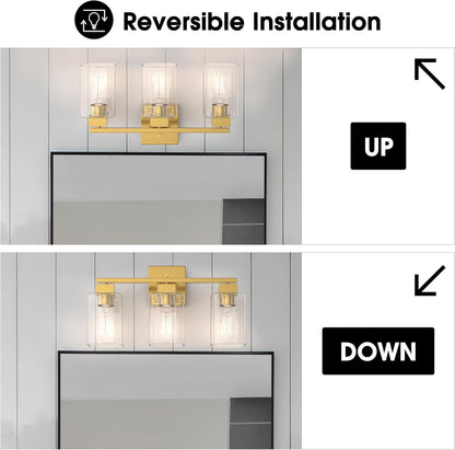 Espird 3 Light Brass Gold Vanity Light - Brushed Gold Bathroom Light Fixtures Square Design & UL Certification, Square Vintage Bathroom Light Fixtures over Mirror for Bathroom & Restroom & Bedroom