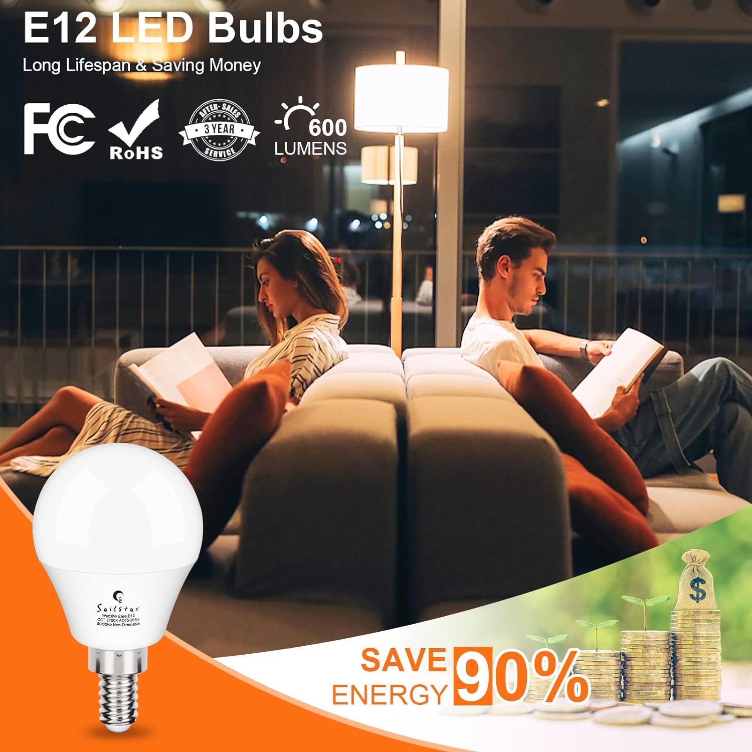 Sailstar A15 Ceiling Fan Light Bulbs, E12 Base, 6Watt (60-Watt Replacement), Soft White 2700K, Non-Dimmable, Candelabra Base LED Light Bulb, 6 Pack