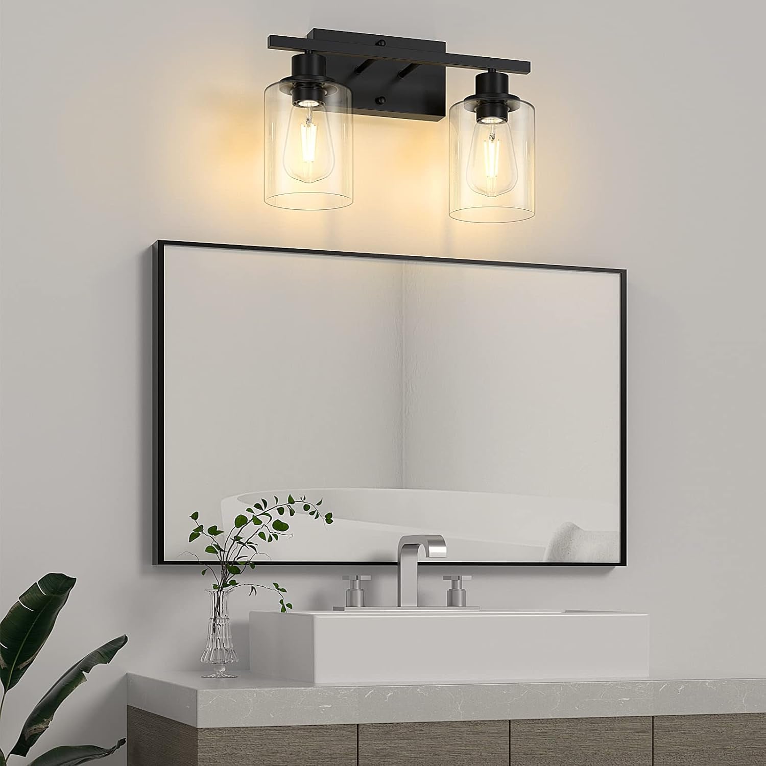Asnxcju 2-Light Black Bathroom Light Fixture, Vanity Light over Mirror with Clear Glass Shade, Bathroom Wall Sconces Lighting for Bedroom, Living Room, Hallway, E26 Base (Bulbs Not Included)