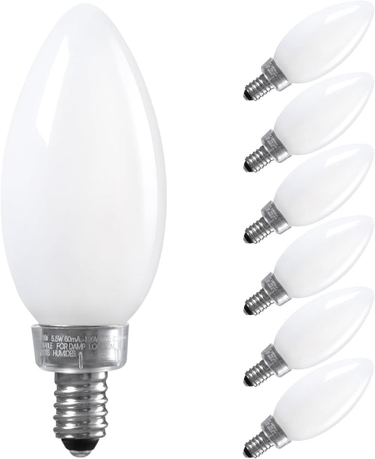 TORCHSTAR Dimmable E12 LED Candelabra Bulb, UL Listed, 60W Equivalent Chandelier Light Bulbs, 550Lm, LED Filament Candle Bulb C11, Frosted Glass Ceiling Fan Light Bulbs, 2700K Soft White, Pack of 6