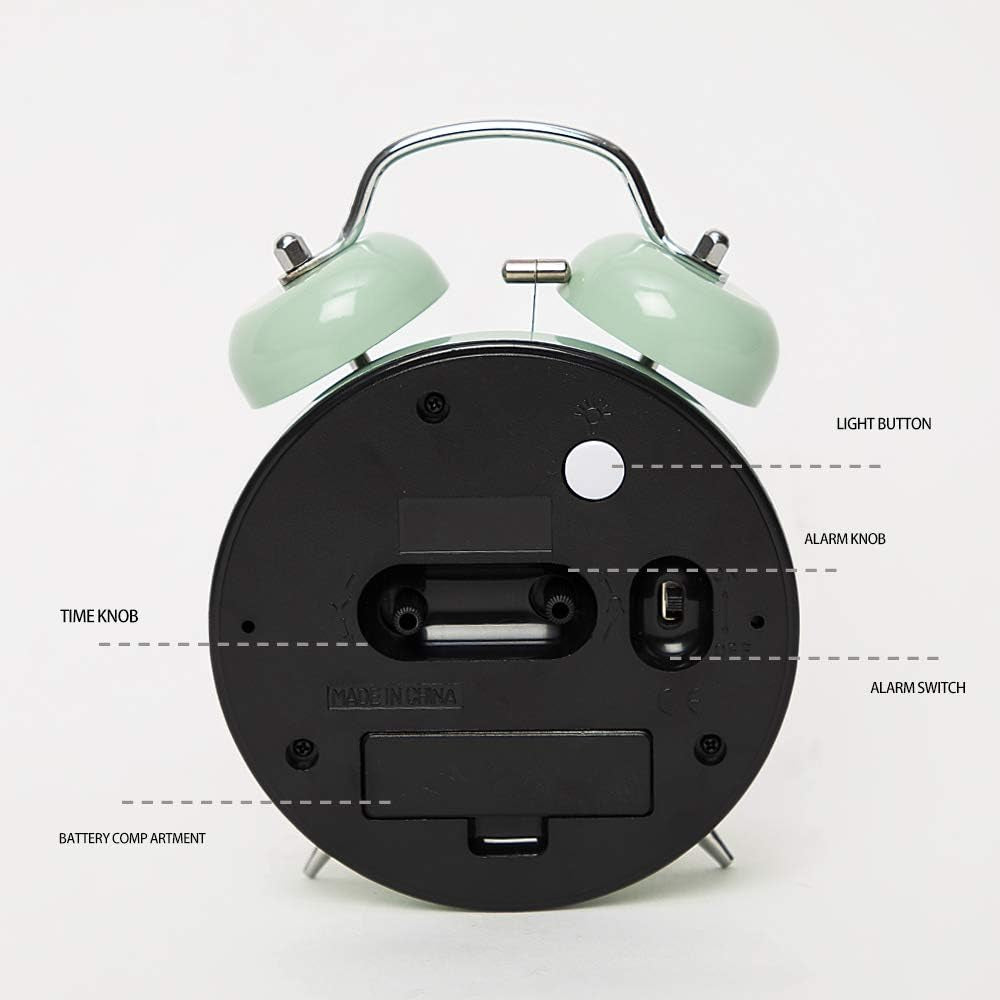 {Loud Alarm for Deep Sleepers) 4'' Twin Bell Alarm Clock with Backlight for Bedroom and Home Decoration(Green)