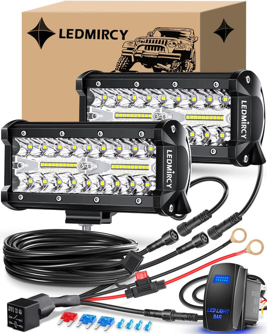 7 Inch LED Light Bar Kit with Rocker Switch Wiring Harness 2PCS LED Pod Lights Triple Rows White Spot Flood Combo Beam off Road Lights for Truck ATV SUV UTV Boat IP68 Waterproof