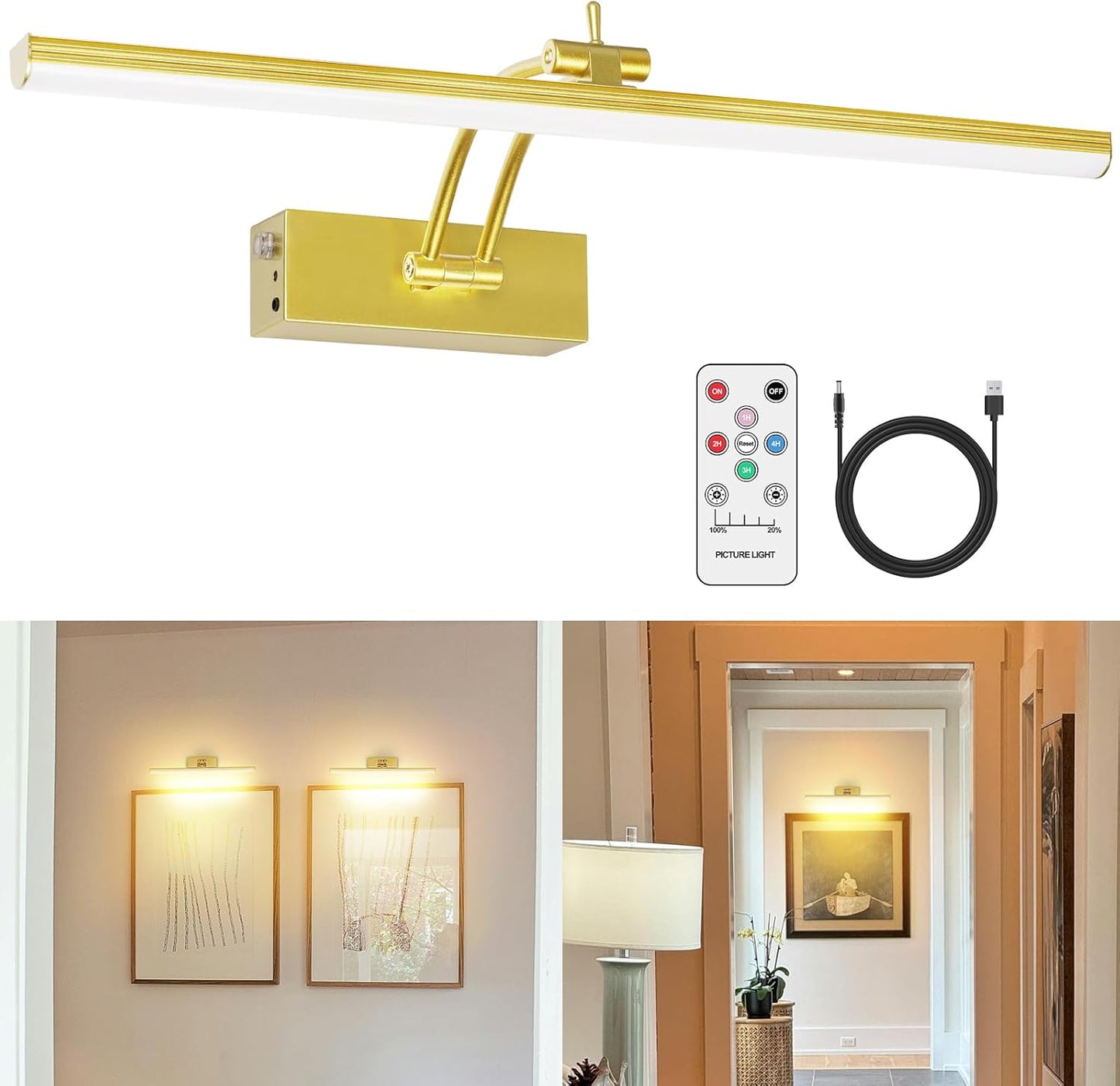 5200Mah Picture Light, Battery Operated Picture Lights for Wall, 16" Remote LED Art Light with Timer for Paintings, Dimmable Metal Painting Light for Display, Gallery (Gold)