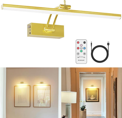 5200Mah Picture Light, Battery Operated Picture Lights for Wall, 16" Remote LED Art Light with Timer for Paintings, Dimmable Metal Painting Light for Display, Gallery (Gold)