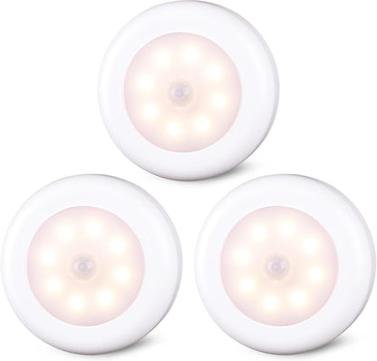 STAR-SPANGLED 3 Pack 2.8” Motion Sensor Lights Indoor AAA Battery Operated, Stick on LED Puck Light for Stairs, under Cabinet, Closet, Warm White