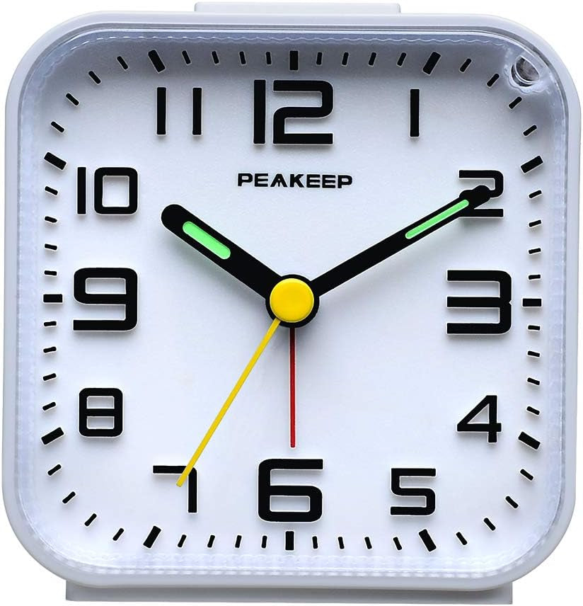 Peakeep Small Battery Operated Analog Travel Alarm Clock Silent No Ticking, Lighted on Demand and Snooze, Beep Sounds, Gentle Wake, Ascending Alarm, Easy Set (Black)