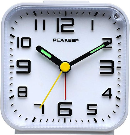 Peakeep Small Battery Operated Analog Travel Alarm Clock Silent No Ticking, Lighted on Demand and Snooze, Beep Sounds, Gentle Wake, Ascending Alarm, Easy Set (Black)