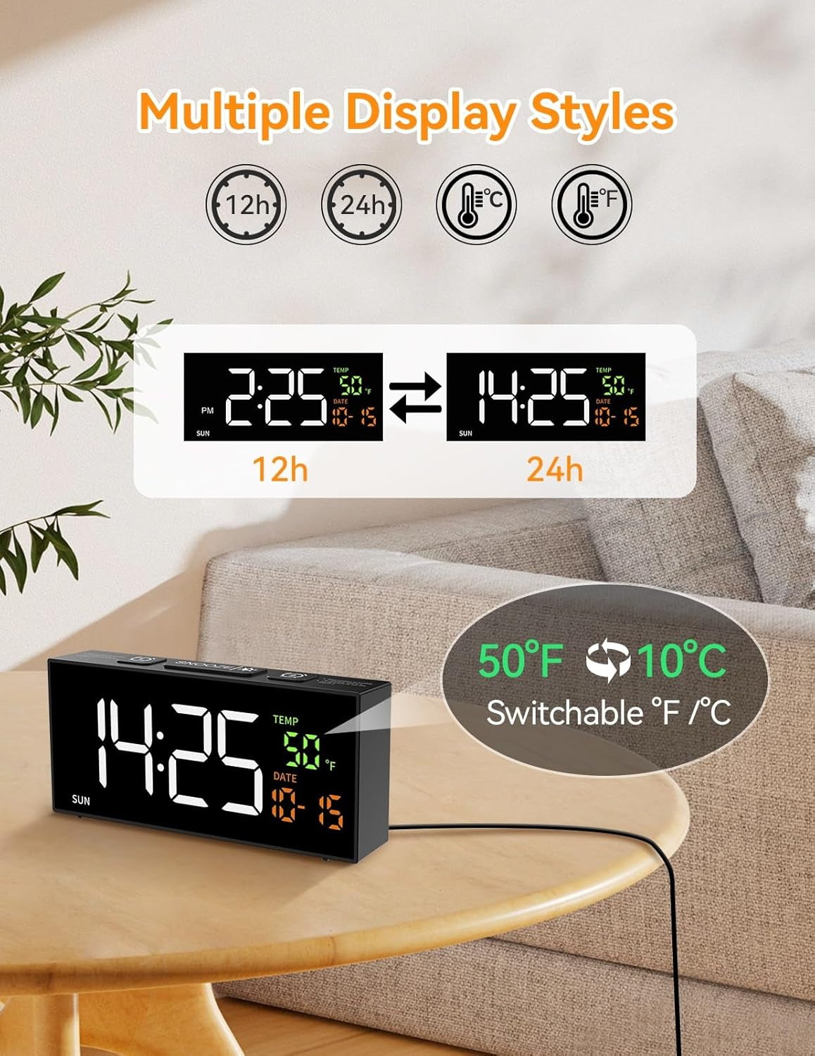 Netzu Alarm Clocks for Bedrooms, Digital Clock with Date Temperature and Weekday, Manual DST, Snooze, 2 Alarms, 4 Volumes for Living Room Home Bedside Desk (Black)