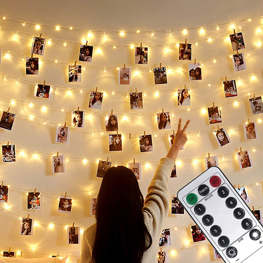 33Ft Photo Clip String Lights,Usb or Battery Powered,8 Modes 100 LED 10M Hanging String Fairy Lights with Remote,Decoration for Bedroom Christmas Wedding Décor