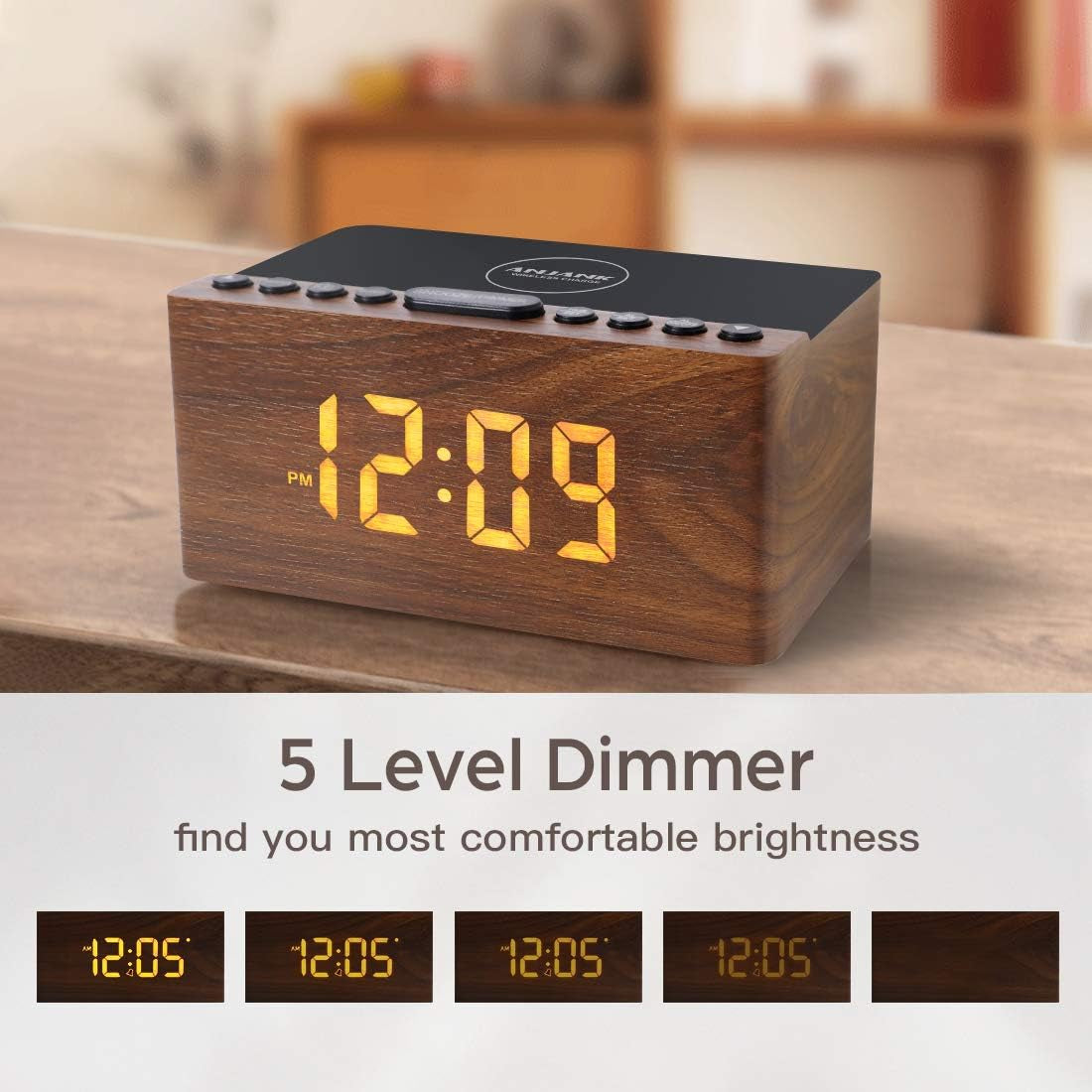 ANJANK Digital LED Alarm Clock FM Radio, Fast Wireless Charger Station for Iphone/Samsung Galaxy, 5 Level Dimmer, USB Charging Port, 2 Sounds, Sleep Timer for Bedroom, Bedside, Desk - Wood