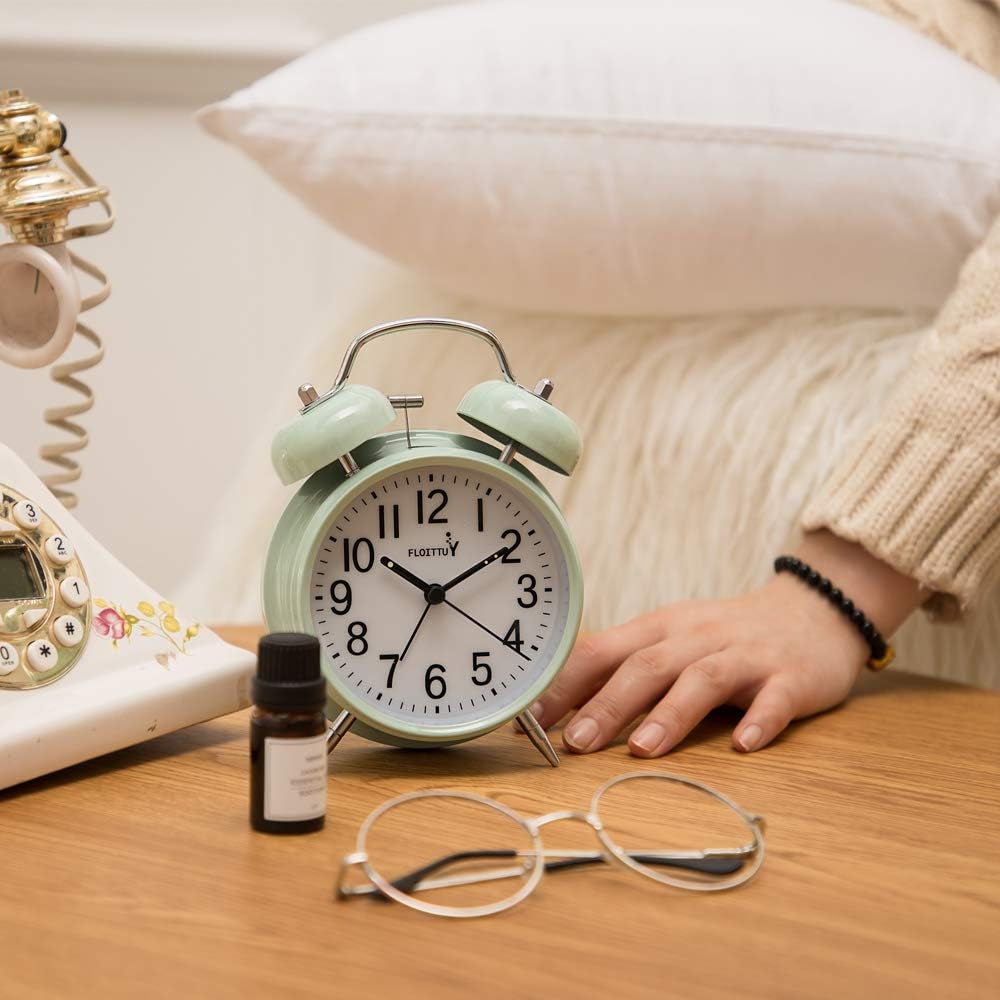 {Loud Alarm for Deep Sleepers) 4'' Twin Bell Alarm Clock with Backlight for Bedroom and Home Decoration(Green)