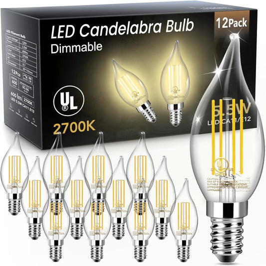TJOY LED Candelabra Bulb Dimmable, 60W Equivalent LED Chandelier Light Bulbs, 5.5W 2700K Warm White 600LM CA11 Flame Tip Vintage LED Filament Candle Bulb with Decorative E12 Candelabra Base, 12 Pack
