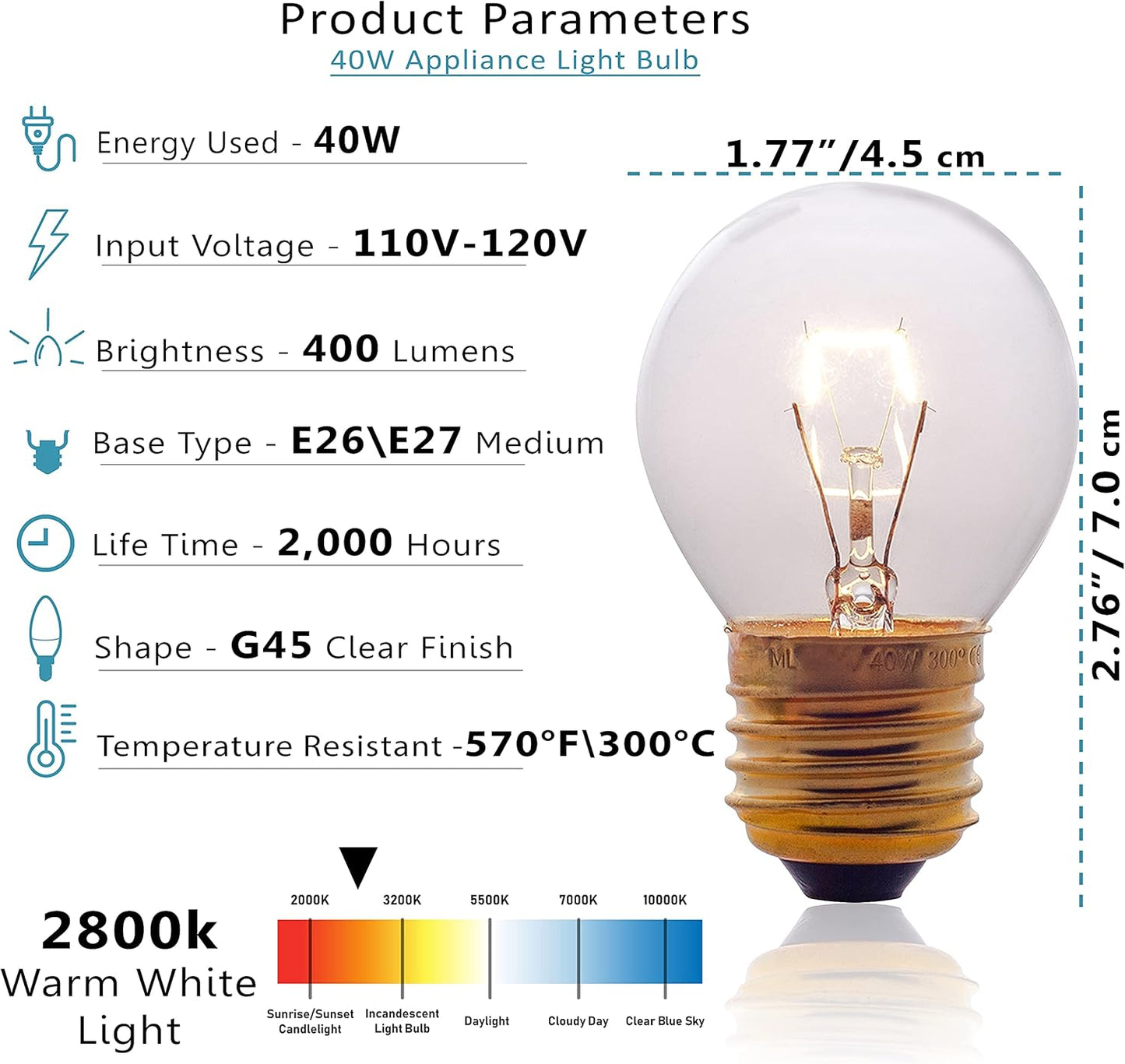 Oven Light Bulbs – 40 Watt Appliance Replacement Bulbs for Oven, Stove, Refrigerator, Microwave. Incandescent - High Temp G45 E26/E27 Socket -Warm White - 400 Lumens - Clear.2 Pack