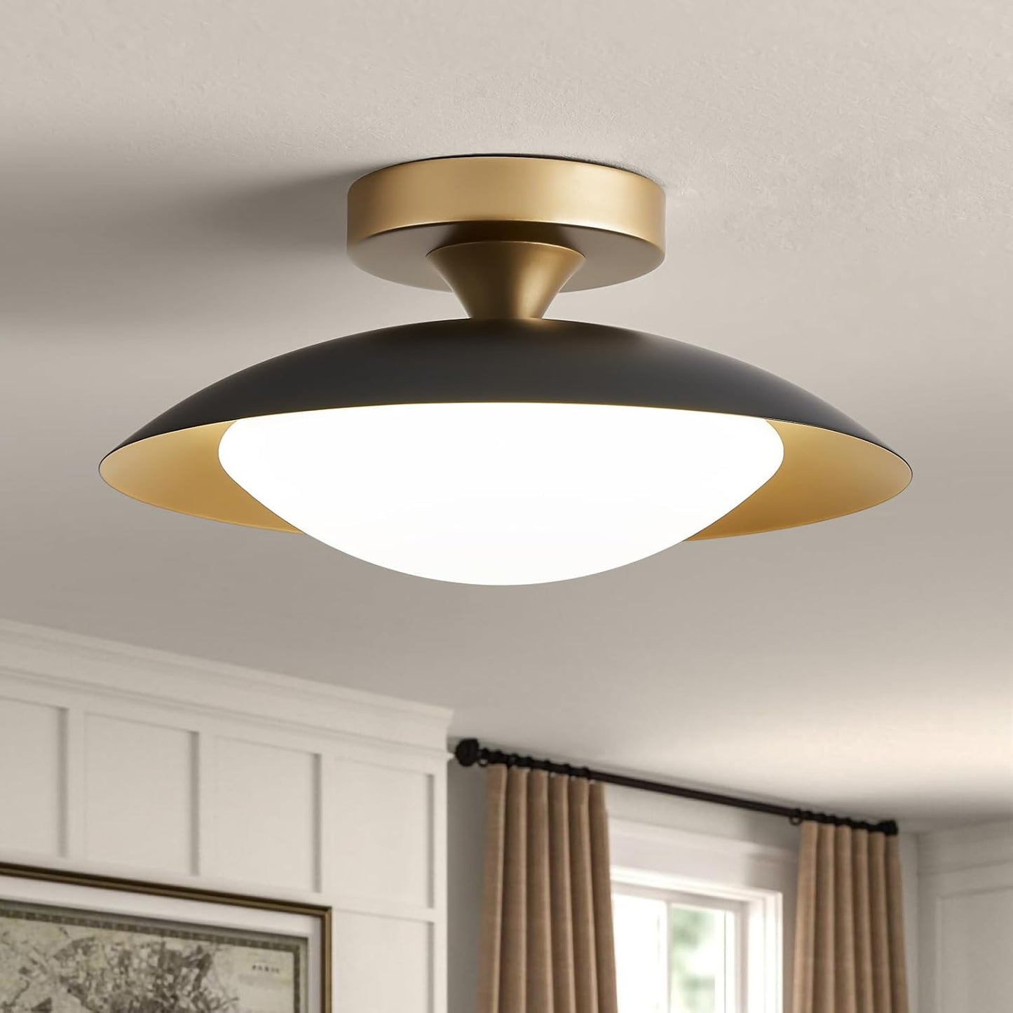 Dimmable Small Mid Century Modern Flush Mount Ceiling Light with Acrylic Shade,White and Gold LED Ceiling Lights,5Cct 2700K-6000K Light Fxiture for Hallway Entryway Bedroom Kitchen Laundry Room 11.8In
