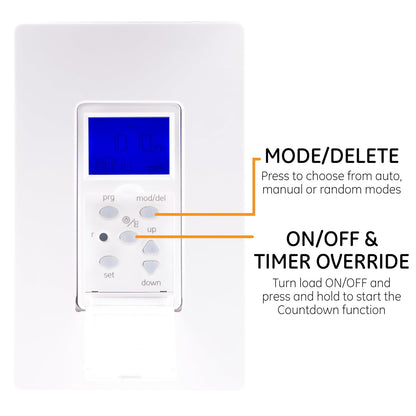 GE Sunsmart Digital In-Wall Timer, Daily On/Off Times, Programmable Settings, Sunset/Sunrise Presets, Vacation Security, White & Almond, Lights, Fans, Heaters, Timer Switch, Light Switch Timer, 32787