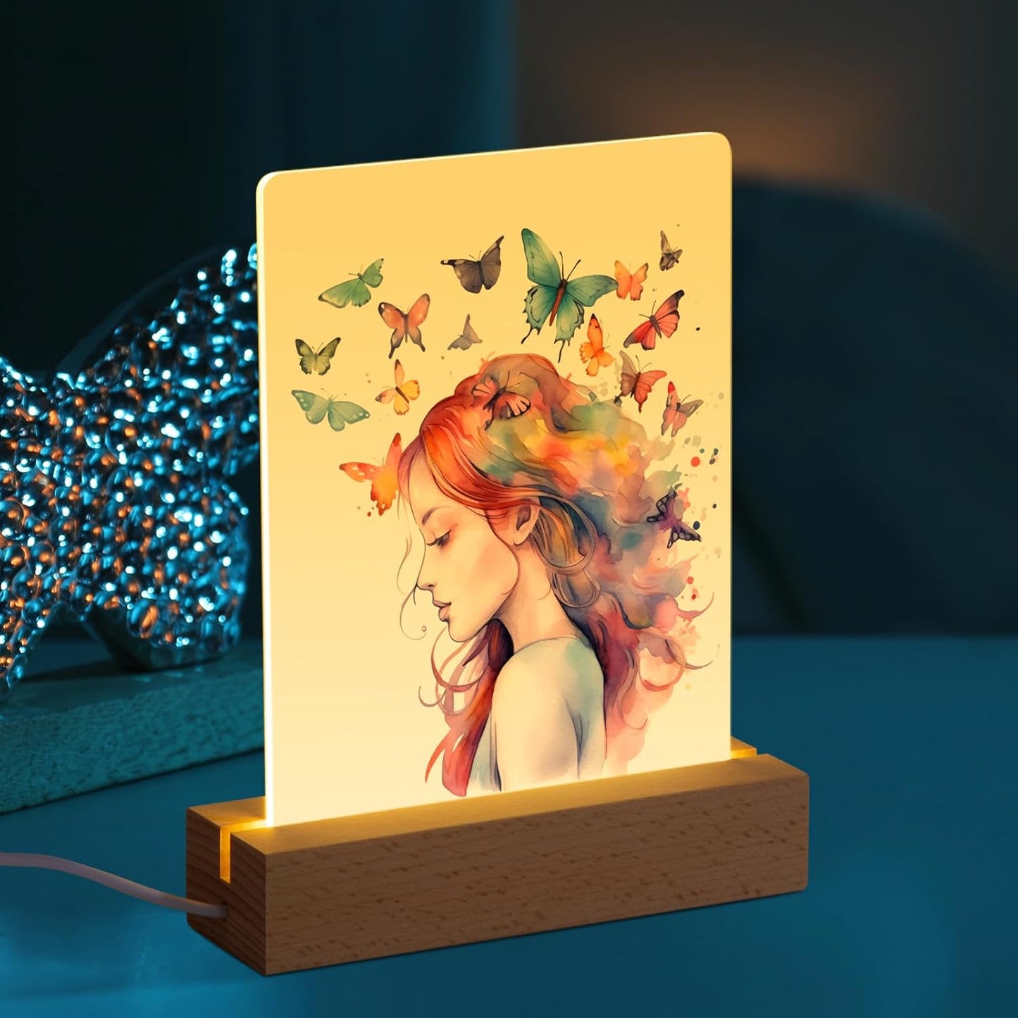 PYD Life 4 Pack Sublimation LED Acrylic Photo Frames Night Lights Blanks 6" X 8" with Warm Color Light,With Wood Stand for Heat Press Machine Printing