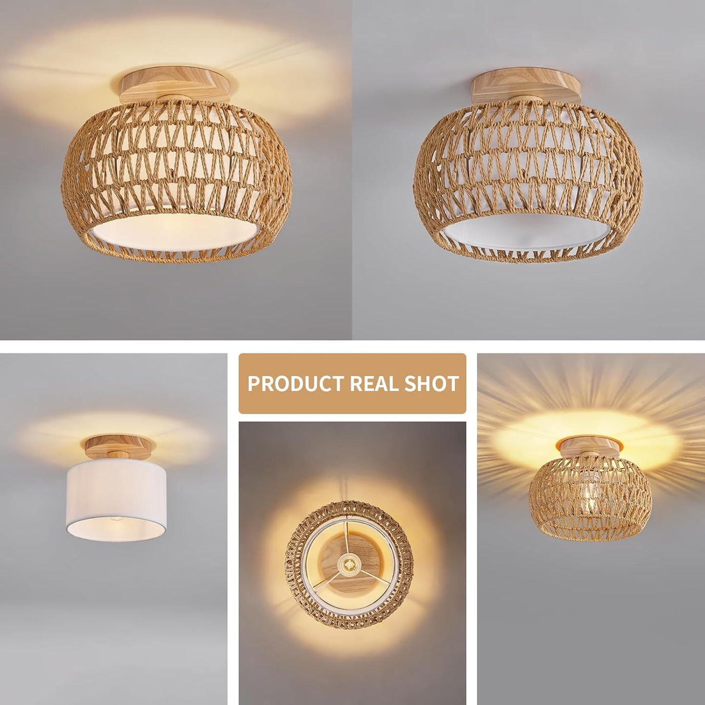 Rattan Ceiling Light Fixture，3 Style Options Boho Flush Mount Ceiling Lights, Hand-Woven Rattan Chandelier,Mini Bohemian Wicker Light Fixtures, Farmhouse Light Fixture for Bedroom Hallway Entryway