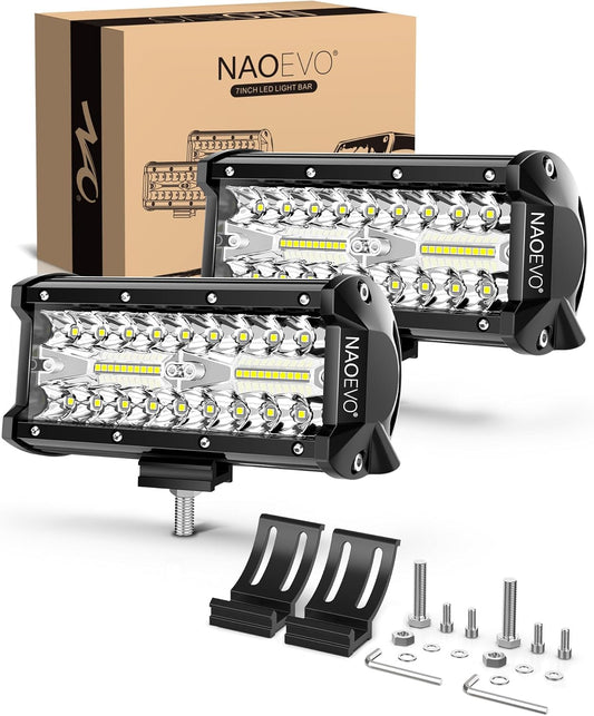 NAOEVO 7 Inch LED Light Bar, LED off Road/Fog/Driving Lights LED Pods with Spot Flood Combo, LED Work Lights for Truck Boat UTV ATV, 2-Pack (White)
