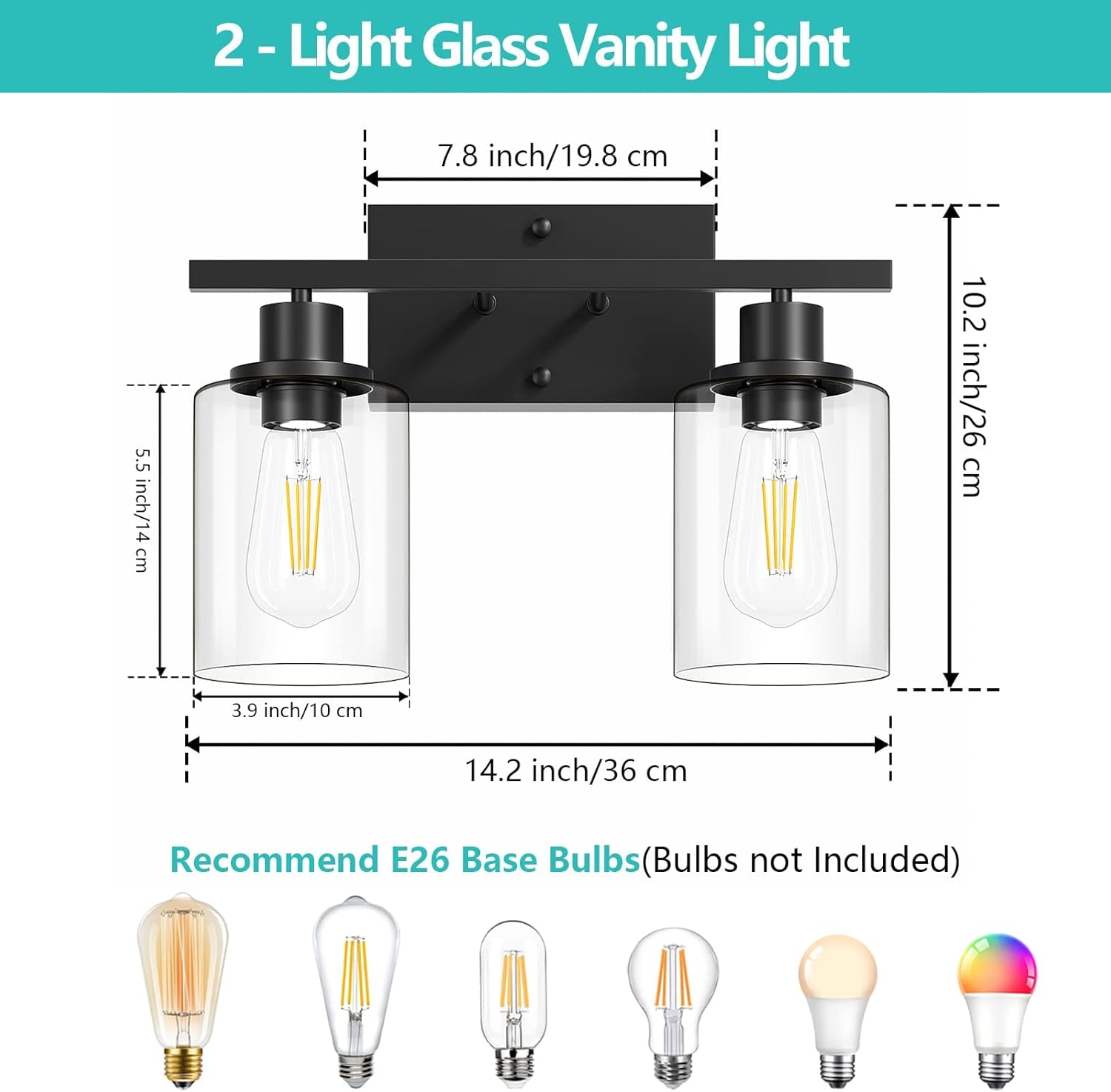 Asnxcju 2-Light Black Bathroom Light Fixture, Vanity Light over Mirror with Clear Glass Shade, Bathroom Wall Sconces Lighting for Bedroom, Living Room, Hallway, E26 Base (Bulbs Not Included)