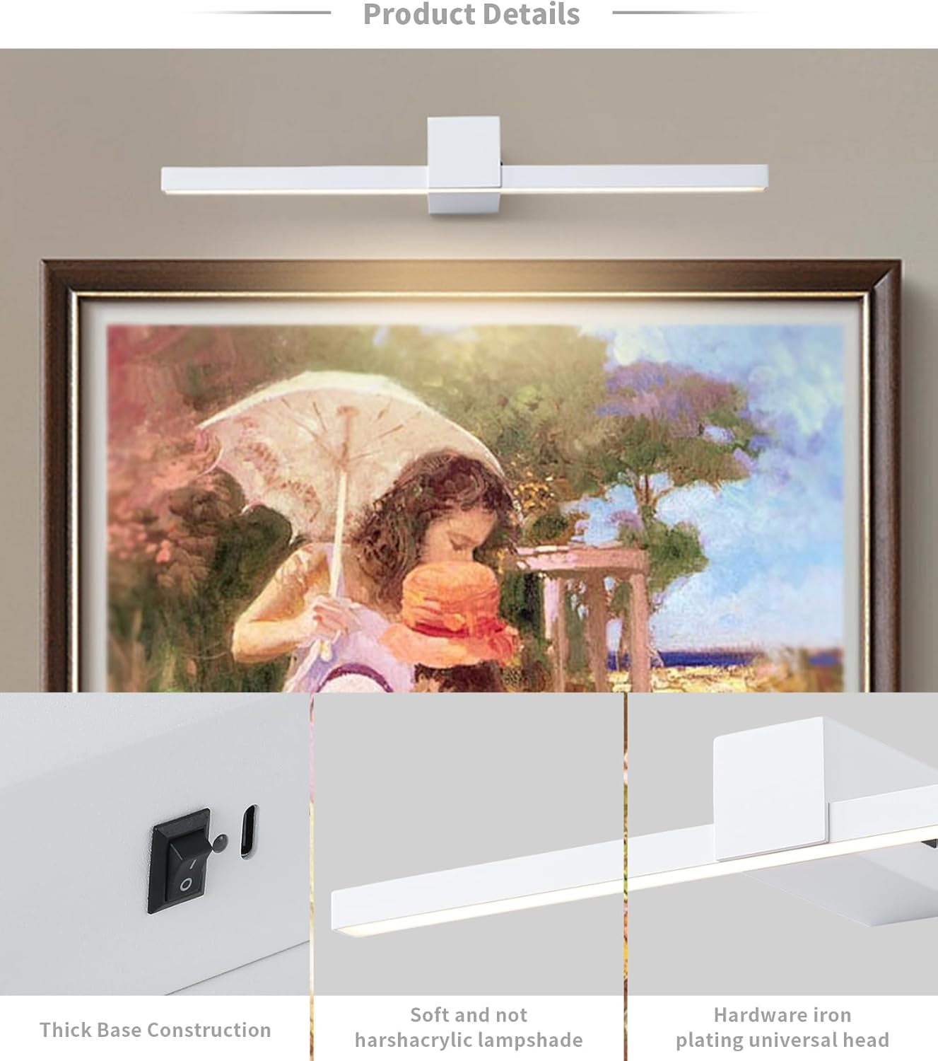 White Battery Operated Picture Light with Remote,Wireless Gallery Lights White 15.7 Inch Rechargeable Display Light Dimmable Wall Sconce for Artwork on Wall