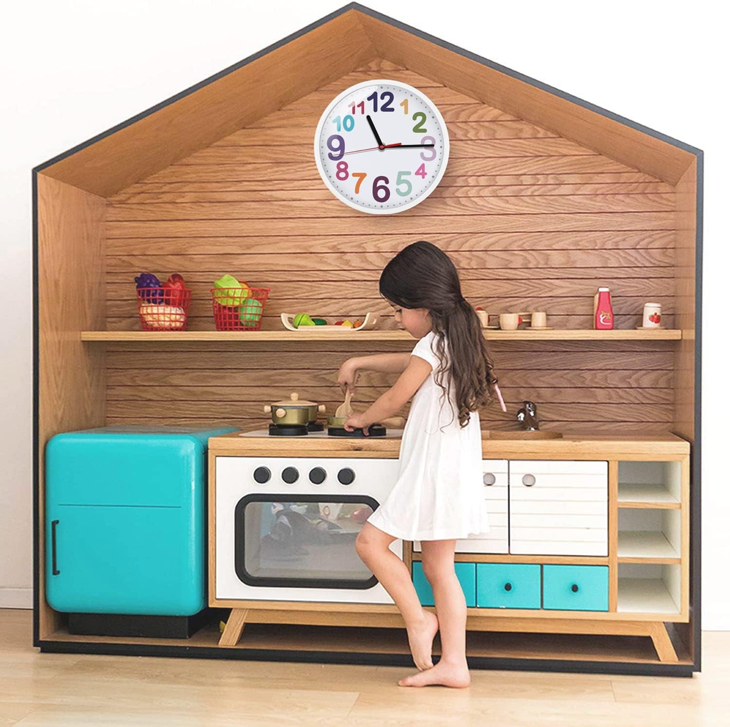Wall Clock 9 Inch Silent Non Ticking Battery Operated Time Teaching Quartz Home Colorful Read Learn Time Perfect for Teacher'S Classrooms and Kid'S Bedrooms
