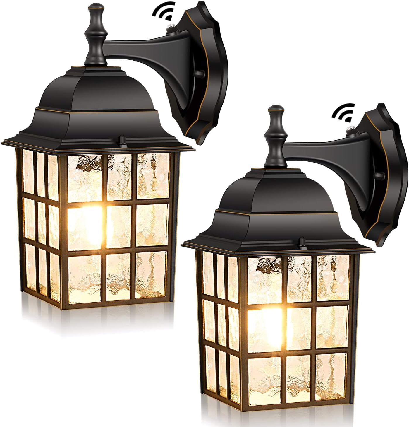 Brightever 2-Pack Dusk to Dawn Outdoor Wall Lantern, Exterior Light Fixtures Wall Mount with Photocell Sensor, Black Wall Light Waterproof, Waterfall Glass outside Wall Sconce for Porch House Garage