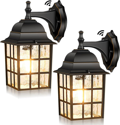 Brightever 2-Pack Dusk to Dawn Outdoor Wall Lantern, Exterior Light Fixtures Wall Mount with Photocell Sensor, Black Wall Light Waterproof, Waterfall Glass outside Wall Sconce for Porch House Garage