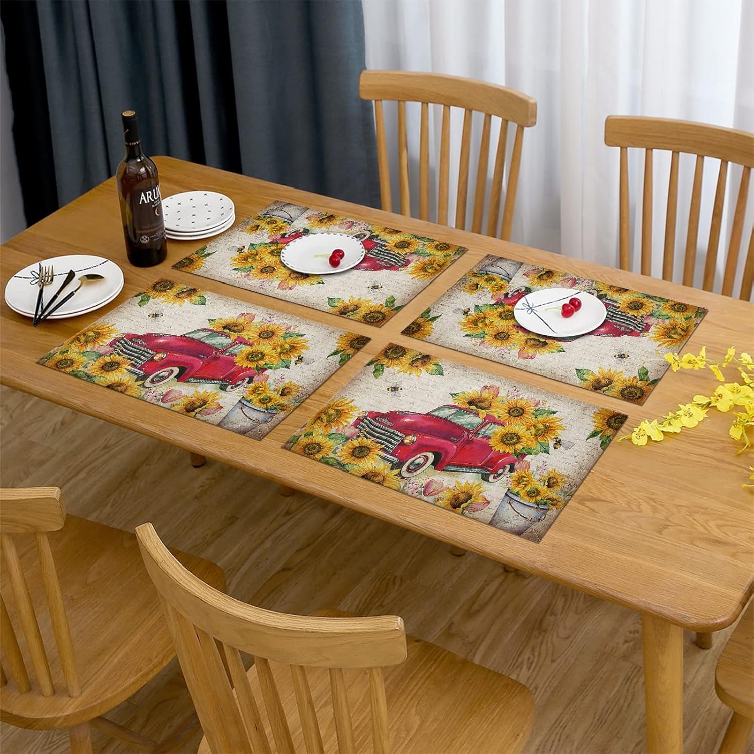 Sunflower Placemats, Red Truck Placemats for Dining Table, Farmhouse Decor Floral Placemats Set of 6, Heat-Resistant Washable Place Mats, Kitchen Table Mats for Party Sunflower Kitchen Decor Placemats