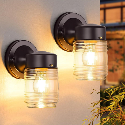 Jelly Jar Outdoor Wall Lantern, Dark Chocolate Exterior Waterproof Wall Mount Light, Front Door Wall Sconce with Clear Ribbed Glass, 2 Pack