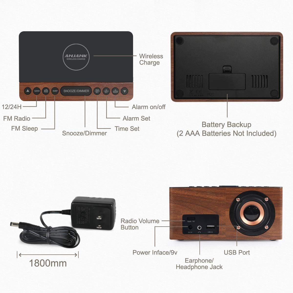 ANJANK Digital LED Alarm Clock FM Radio, Fast Wireless Charger Station for Iphone/Samsung Galaxy, 5 Level Dimmer, USB Charging Port, 2 Sounds, Sleep Timer for Bedroom, Bedside, Desk - Wood